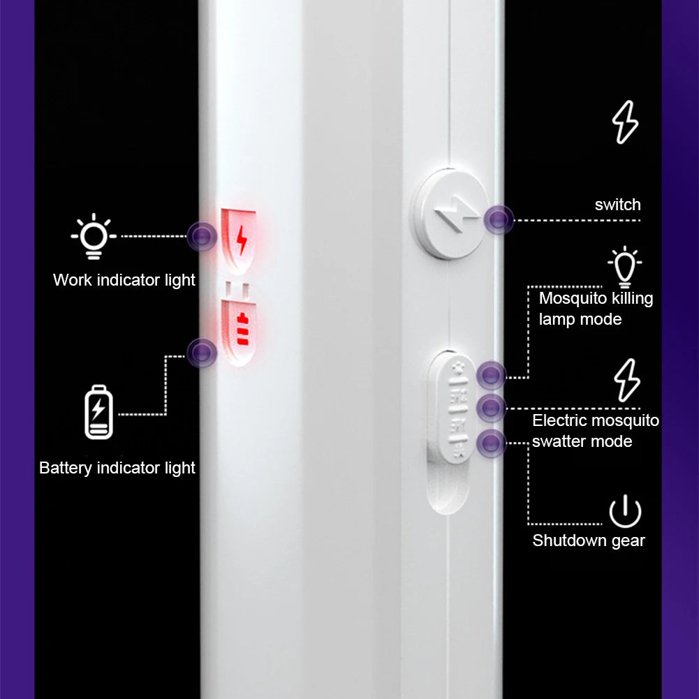 Raqueta Eléctrica Mata Mosquitos 2 en 1 con Lámpara UV y USB Recargable