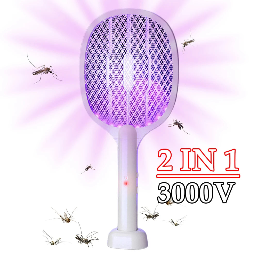 Raqueta Eléctrica Mata Mosquitos 2 en 1 con Lámpara UV y USB Recargable
